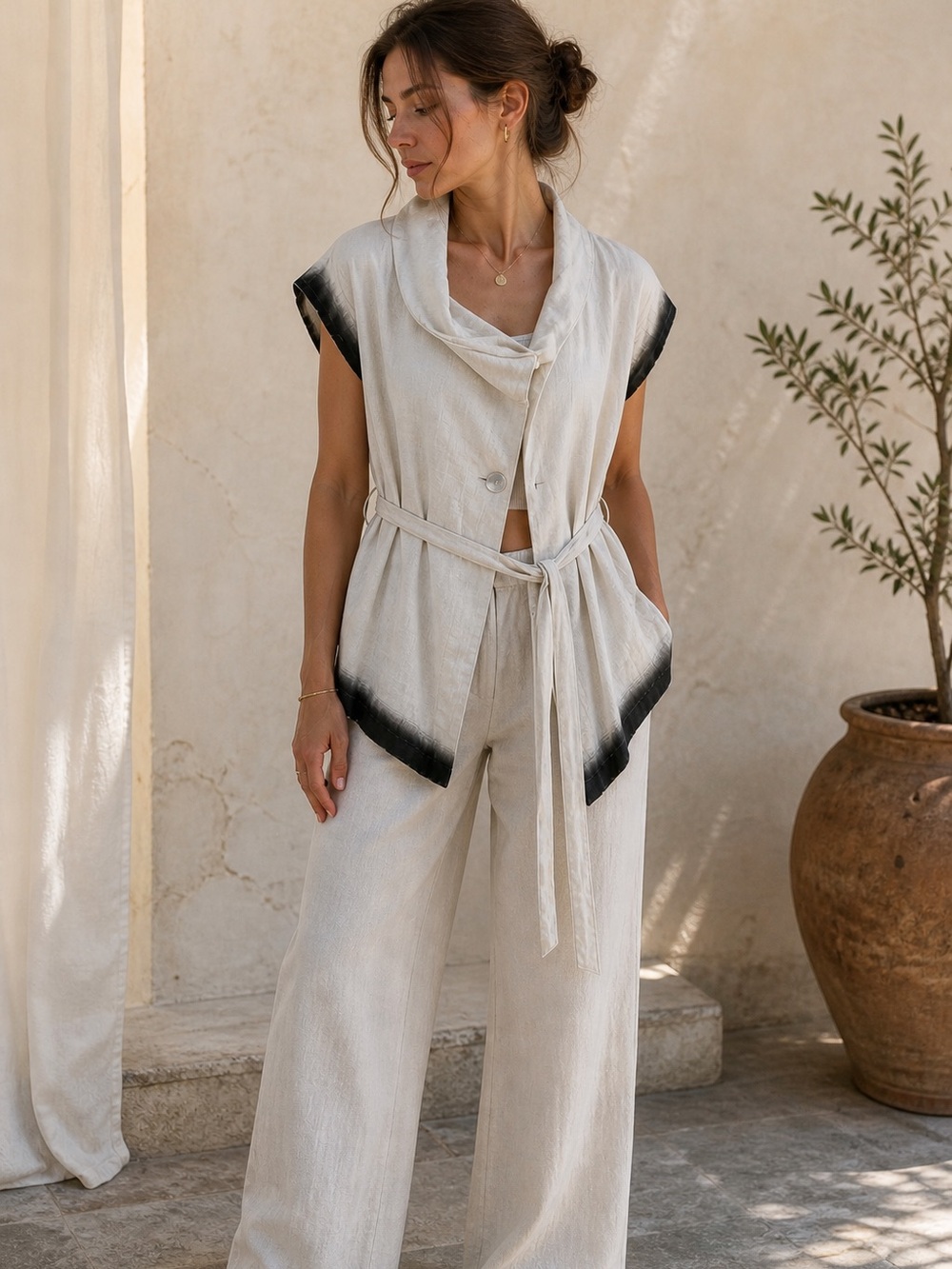 Lauren Vidal 100% Linen Jacket Top S Asymmetrical Belted Dip Dye Lagenlook Italy
